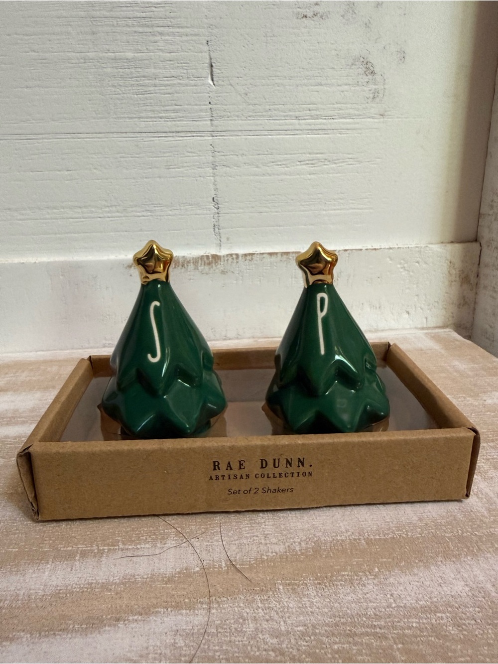 Rae Dunn Dark Green Tree Salt & Pepper Shakers with Gold Stars